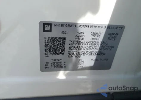 2021 Chevrolet Equinox Lt из США, поврежденный, VIN 3GNAXKEV0MS146064